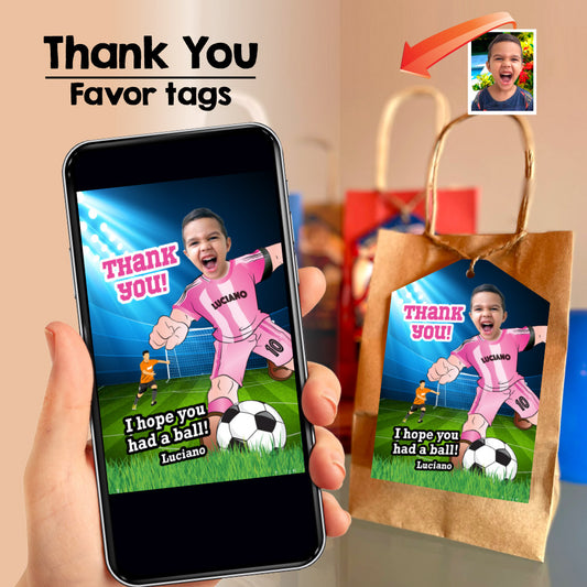 Futbol Miami thank you with your kid as the MVP, Soccer favors tags, Messi goodies tags. 2362TY