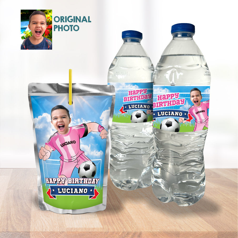 Matching birthday items for a Inter Miami Soccer themed table Party, cake topper, water, Chips, boxes. 2362B1
