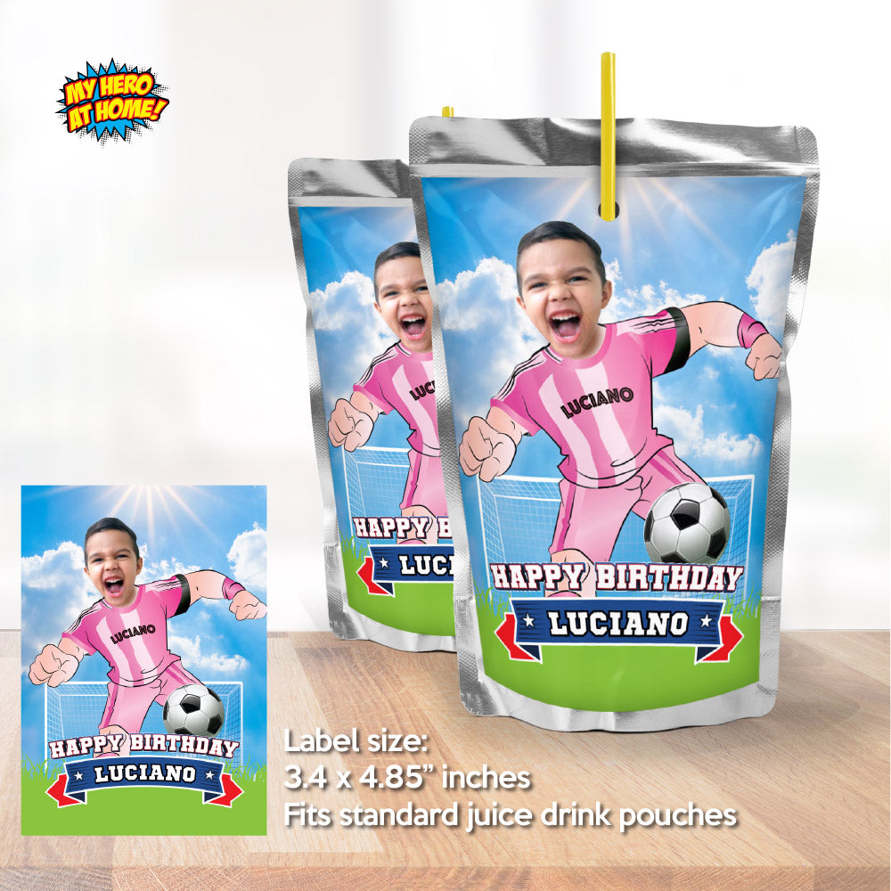 Futbol Inter Miami water wrappers with your photo, Soccer Miami Messi Juice Pouch labels. 2362WJ