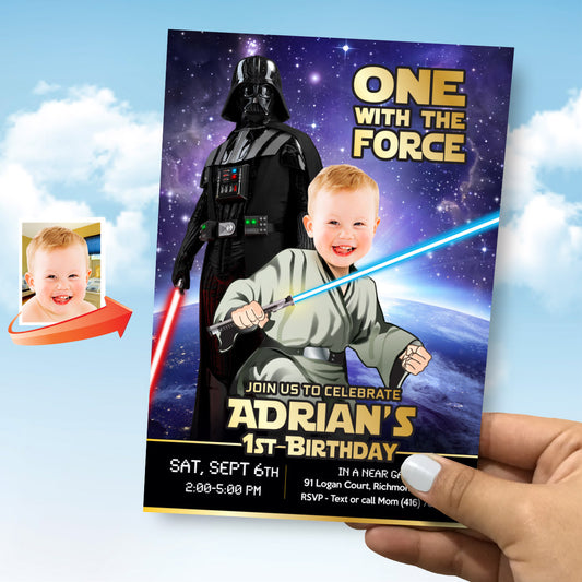 Custom Star Wars 1st Birthday invitation with your baby as Jedi youngling. 2363IN