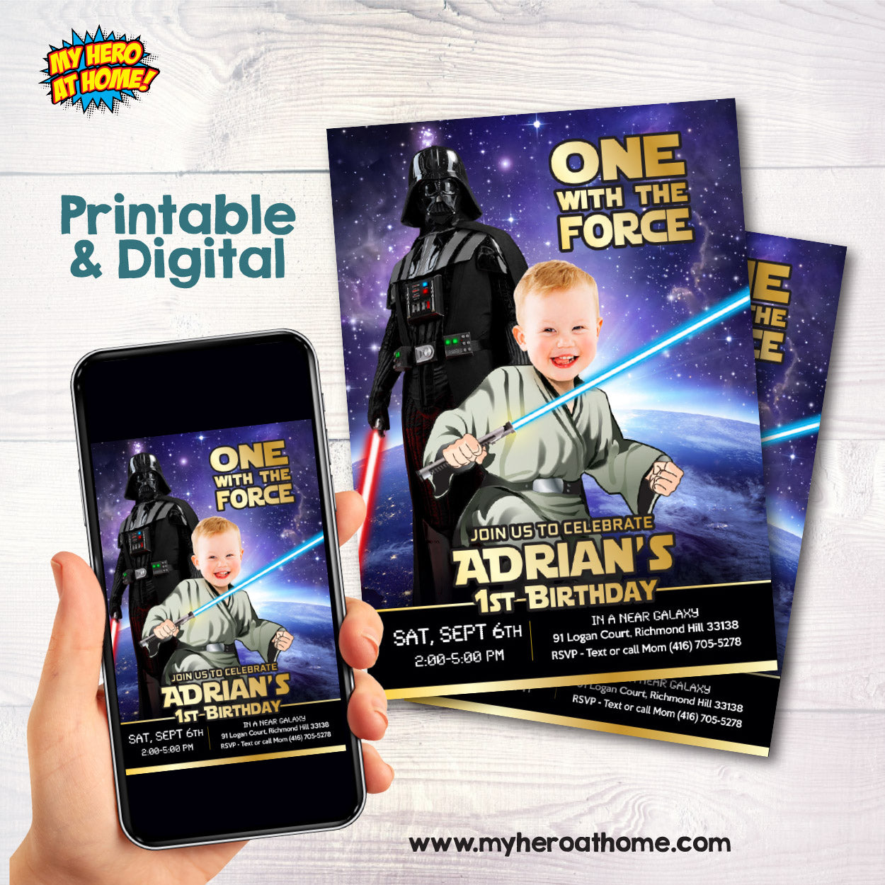 Custom Star Wars 1st Birthday invitation with your baby as Jedi youngling. 2363IN