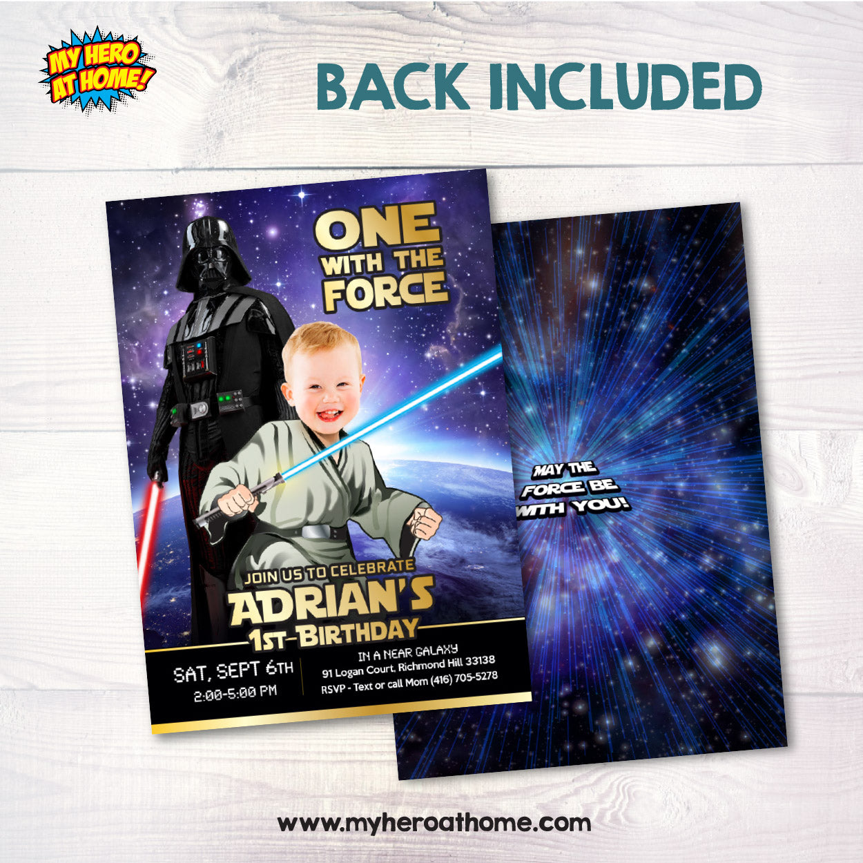 Custom Star Wars 1st Birthday invitation with your baby as Jedi youngling. 2363IN