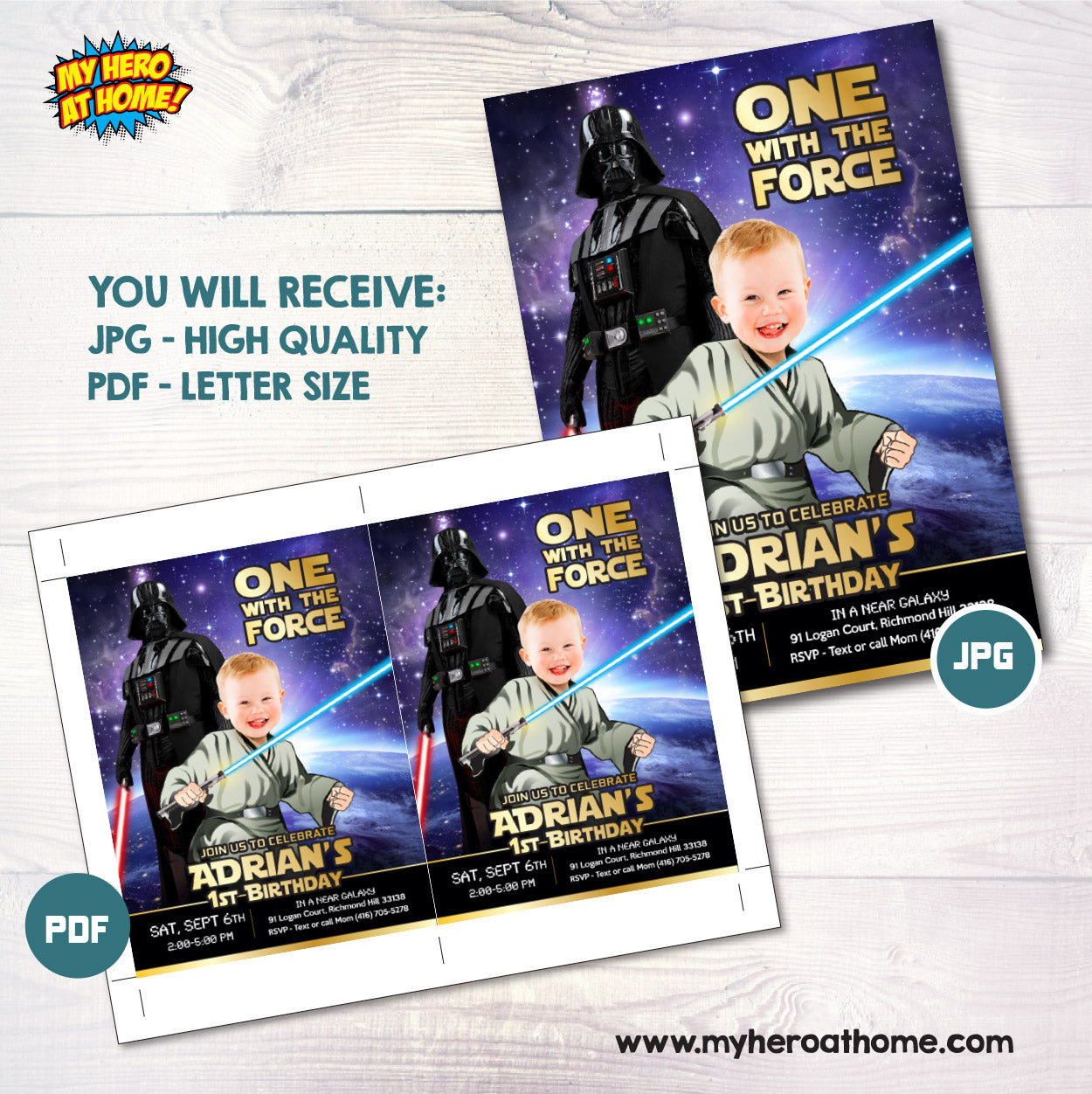 Custom Star Wars 1st Birthday invitation with your baby as Jedi youngling. 2363IN