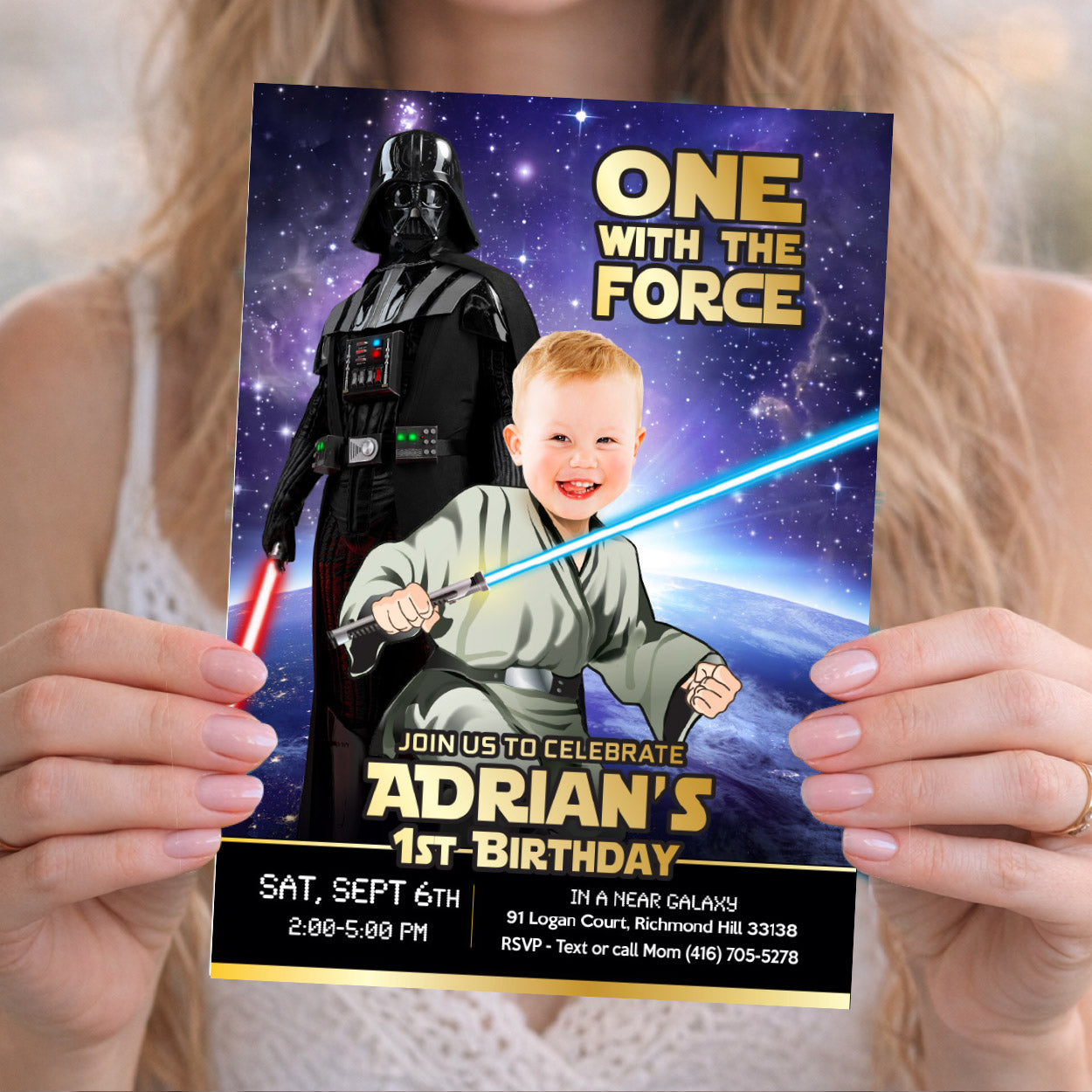 Custom Star Wars 1st Birthday invitation with your baby as Jedi youngling. 2363IN