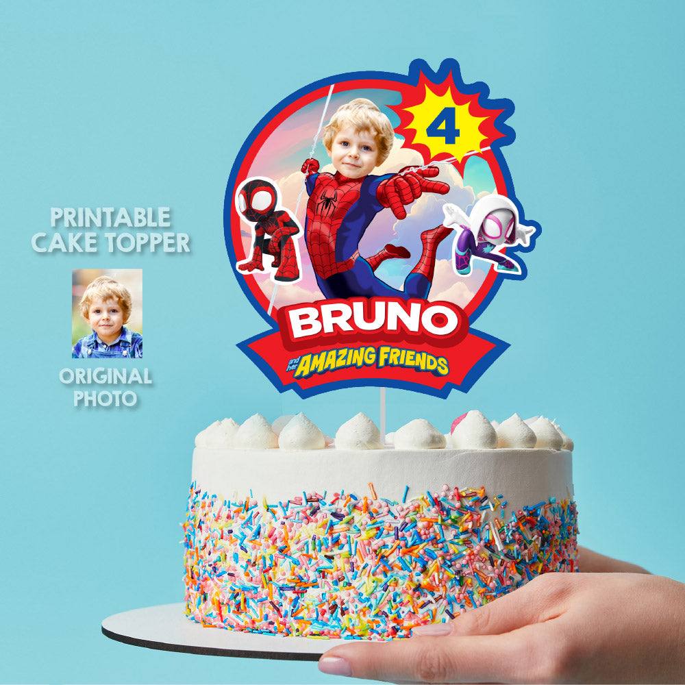 Spidey and his amazing friends birthday cake topper featuring your kid as Spiderman. 2365CT