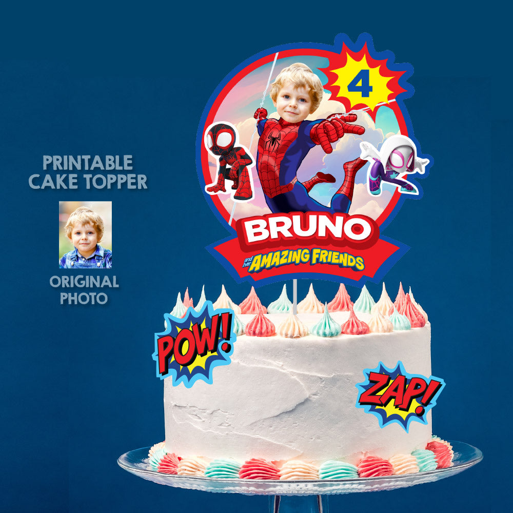 Spidey and his amazing friends birthday cake topper featuring your kid as Spiderman. 2365CT