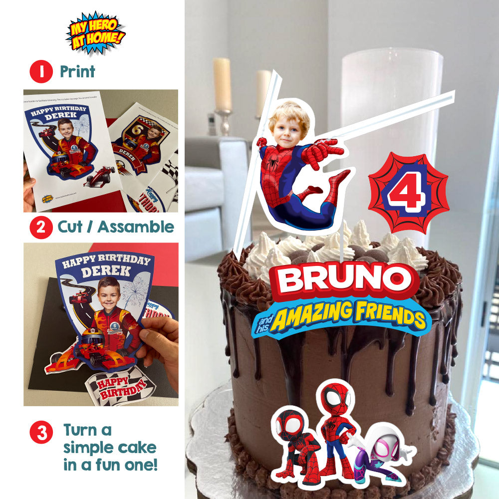 Spidey and his amazing friends birthday cake topper featuring your kid as Spiderman. 2365CT