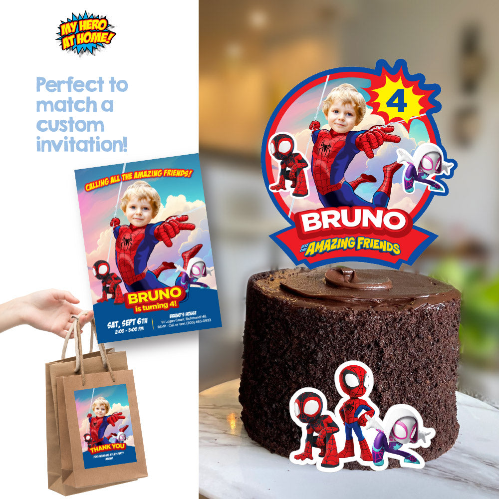 Spidey and his amazing friends birthday cake topper featuring your kid as Spiderman. 2365CT
