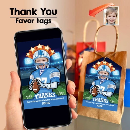 Detroit Lions thank you card with kid as favorite player, Football Lions favor tags with photo. 2370TY