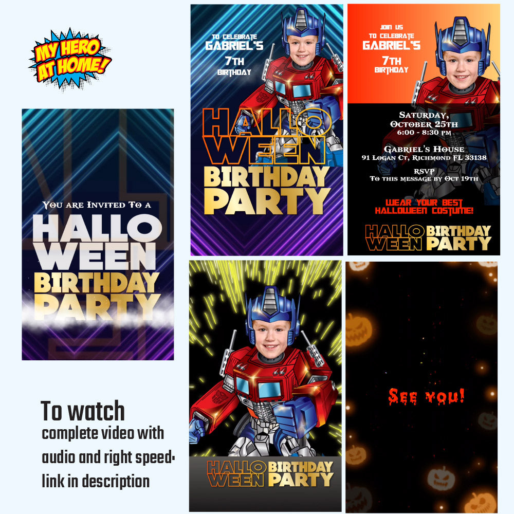 Optimus Prime Halloween Birthday party video Invitation with your kid as Optimus, Transformers halloween video invite. (Share digitally). 2373V