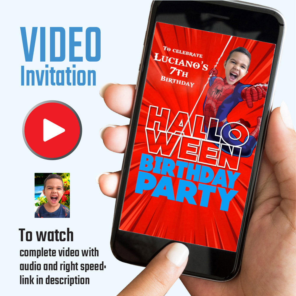 Spider-man Halloween Birthday party video Invitation with your kid as the star, Superhero halloween video invite. 2375V