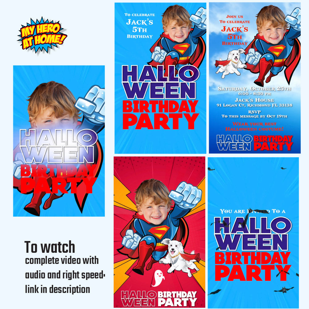 Superman Halloween Birthday party video Invitation with your kid as the star, Halloween Superkid video invite. 2376V