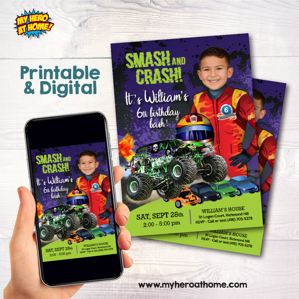 Monster Truck Grave Digger birthday Invitation with your kid as the star, Monster Bash digital, Monster Truck theme party. 2390IN