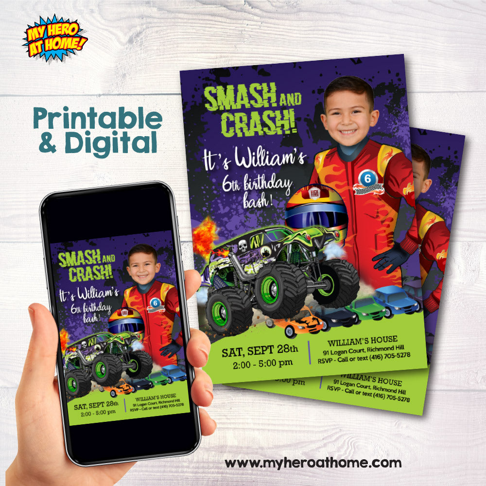 Monster Truck Grave Digger birthday Invitation with your kid as the star, Monster Bash digital, Monster Truck theme party. 2390IN