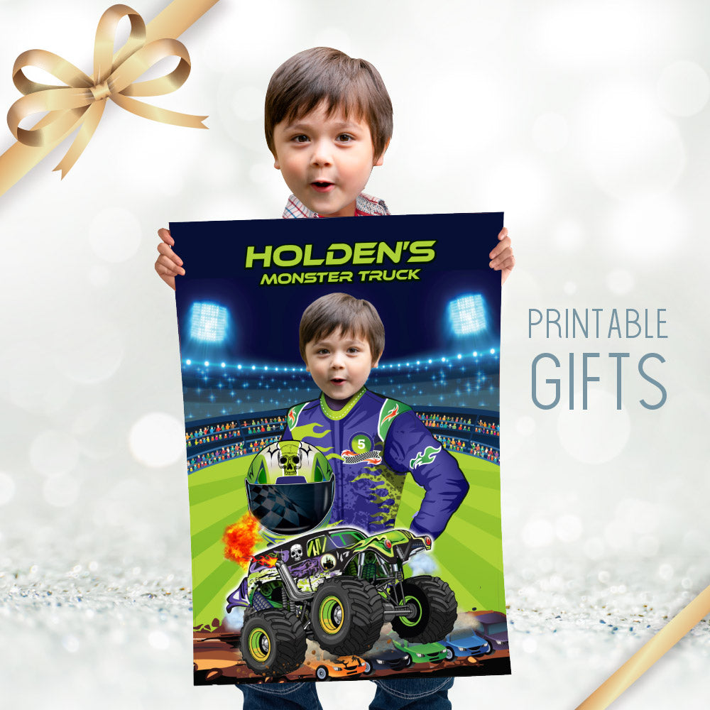 Monster Truck Grave Digger Poster with kid as the driver, Printable Grave Digger gift. 2391GF2