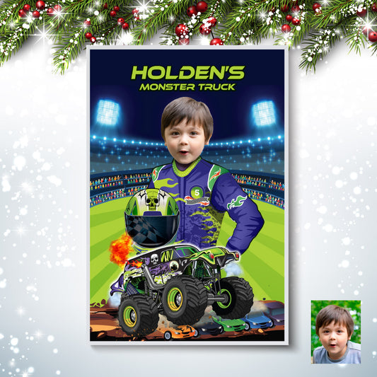 Monster Truck Grave Digger Poster with kid as the driver, Printable Grave Digger gift. 2391GF2