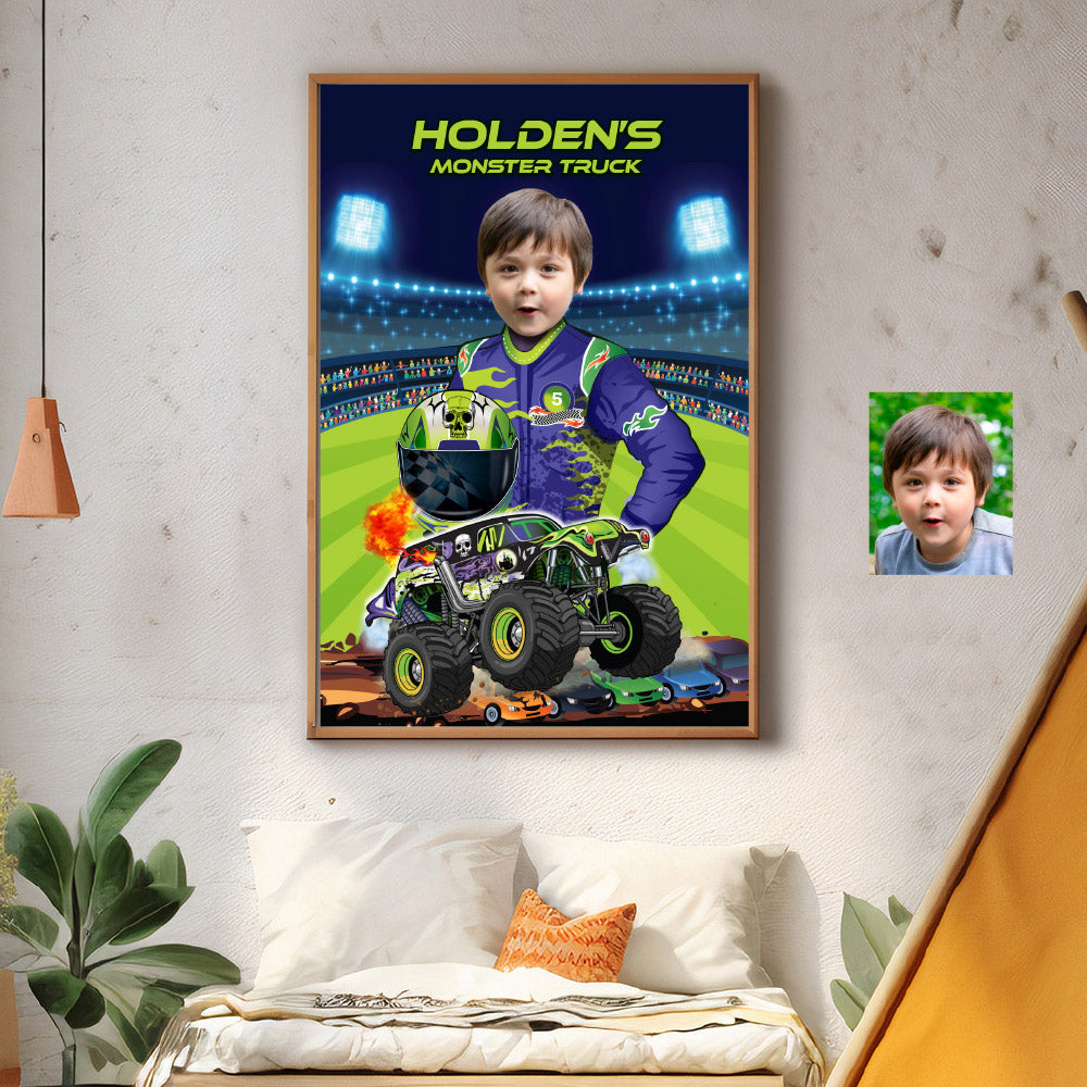 Monster Truck Grave Digger Poster with kid as the driver, Printable Grave Digger gift. 2391GF2