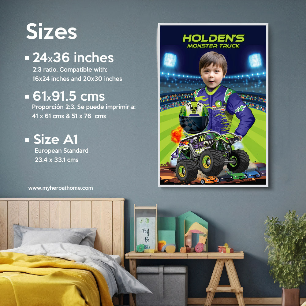 Monster Truck Grave Digger Poster with kid as the driver, Printable Grave Digger gift. 2391GF2