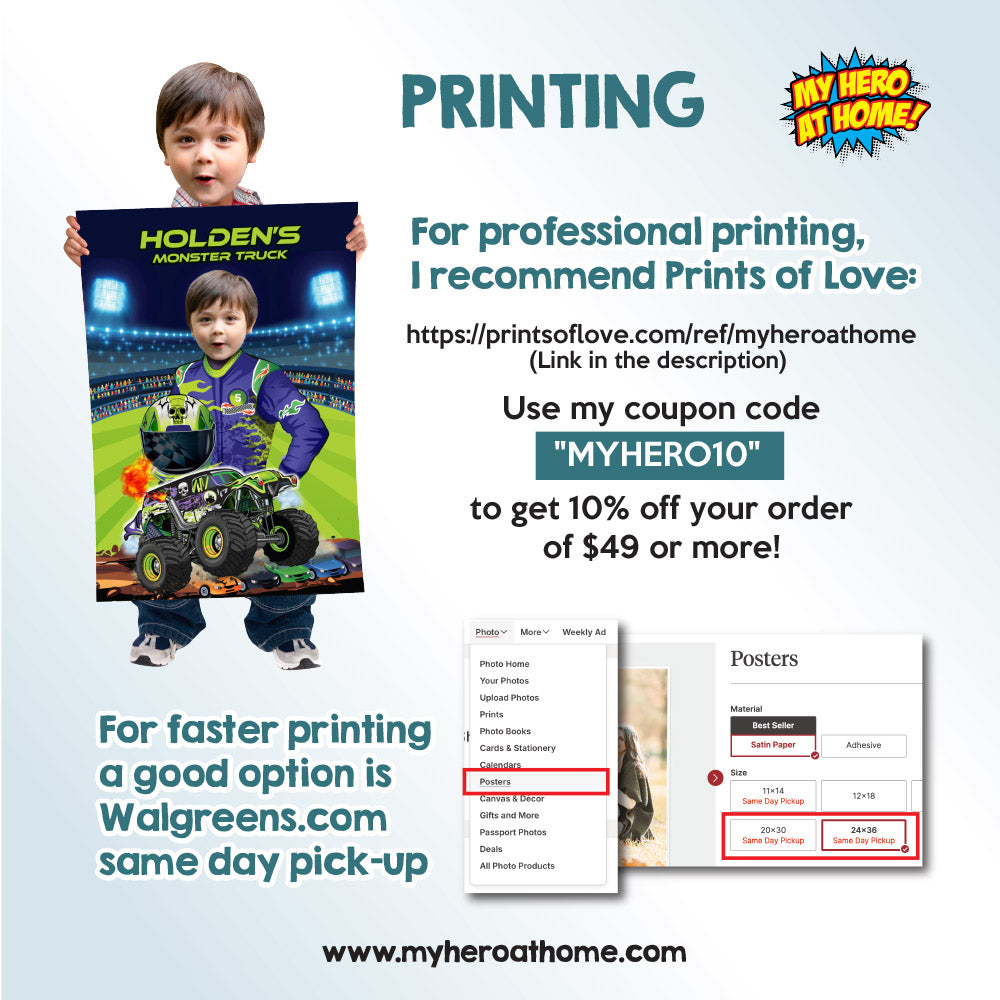 Monster Truck Grave Digger Poster with kid as the driver, Printable Grave Digger gift. 2391GF2