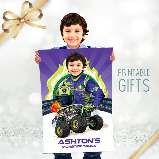 Personalized Monster Truck Poster with kid as the driver wearing Grave Digger colors. 2391GF