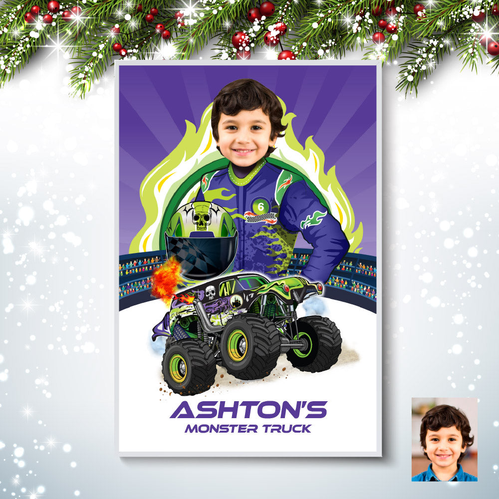 Personalized Monster Truck Poster with kid as the driver wearing Grave Digger colors. 2391GF