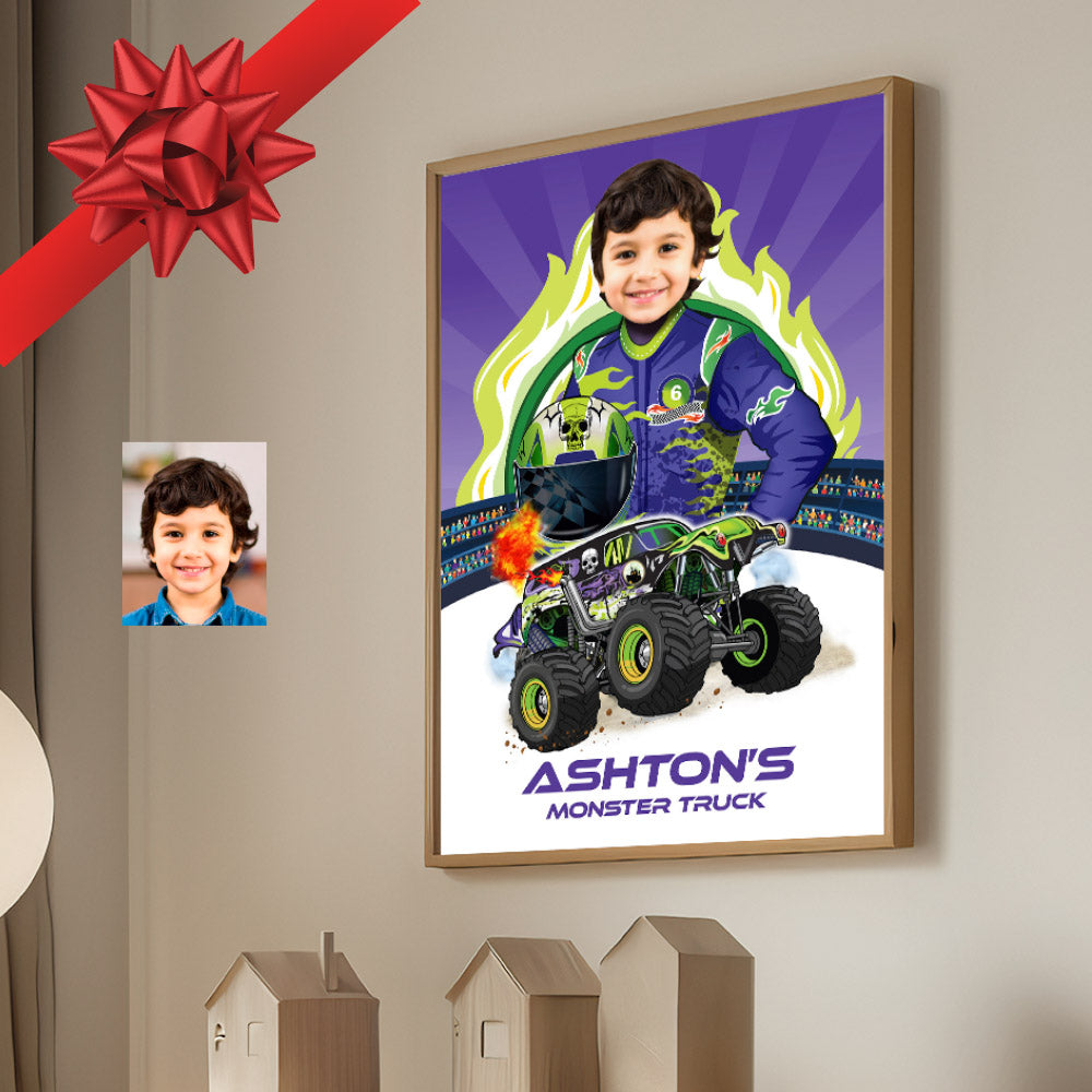 Personalized Monster Truck Poster with kid as the driver wearing Grave Digger colors. 2391GF