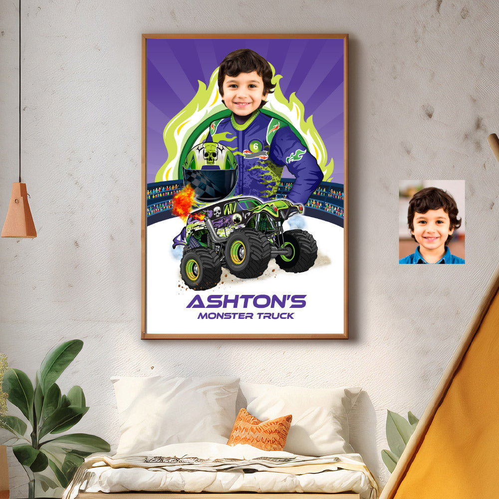 Personalized Monster Truck Poster with kid as the driver wearing Grave Digger colors. 2391GF