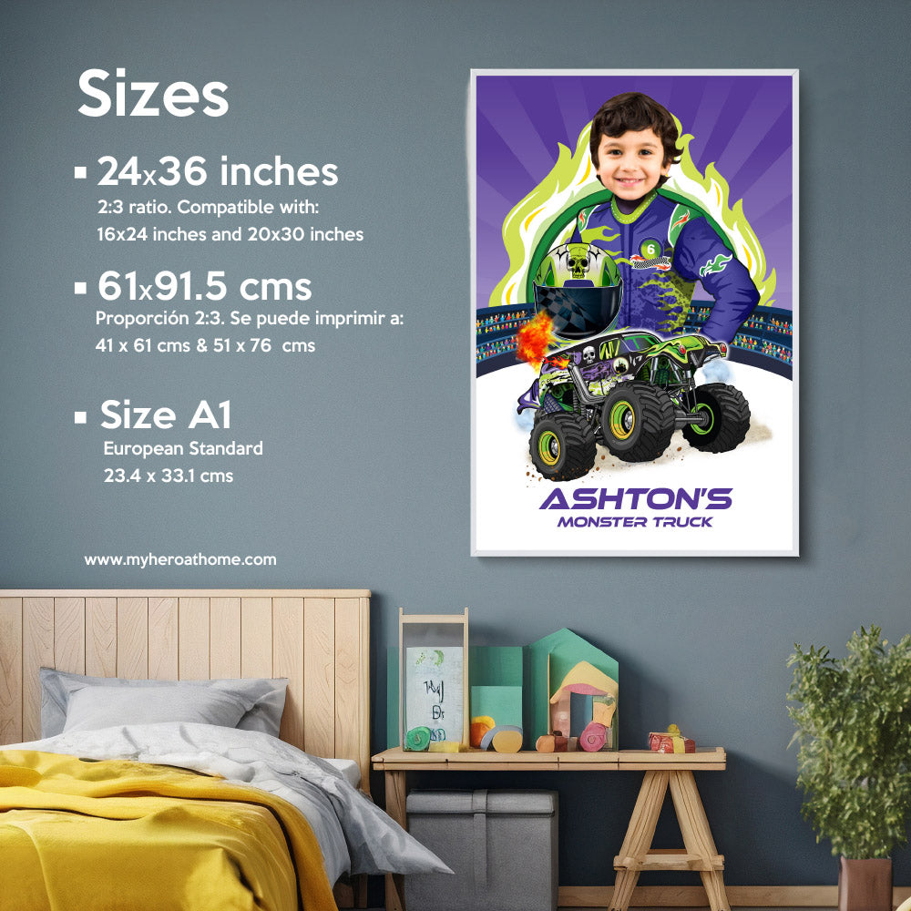 Personalized Monster Truck Poster with kid as the driver wearing Grave Digger colors. 2391GF