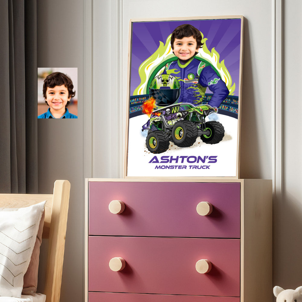Personalized Monster Truck Poster with kid as the driver wearing Grave Digger colors. 2391GF