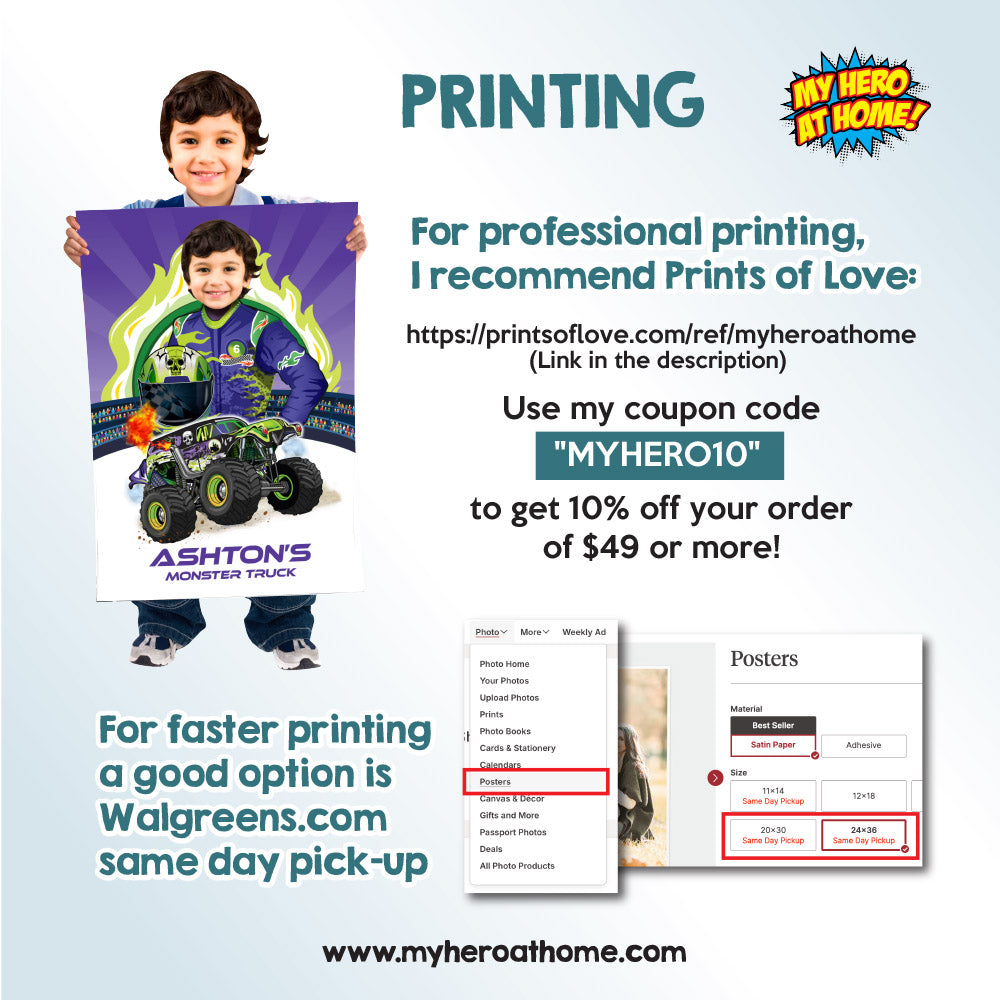 Personalized Monster Truck Poster with kid as the driver wearing Grave Digger colors. 2391GF