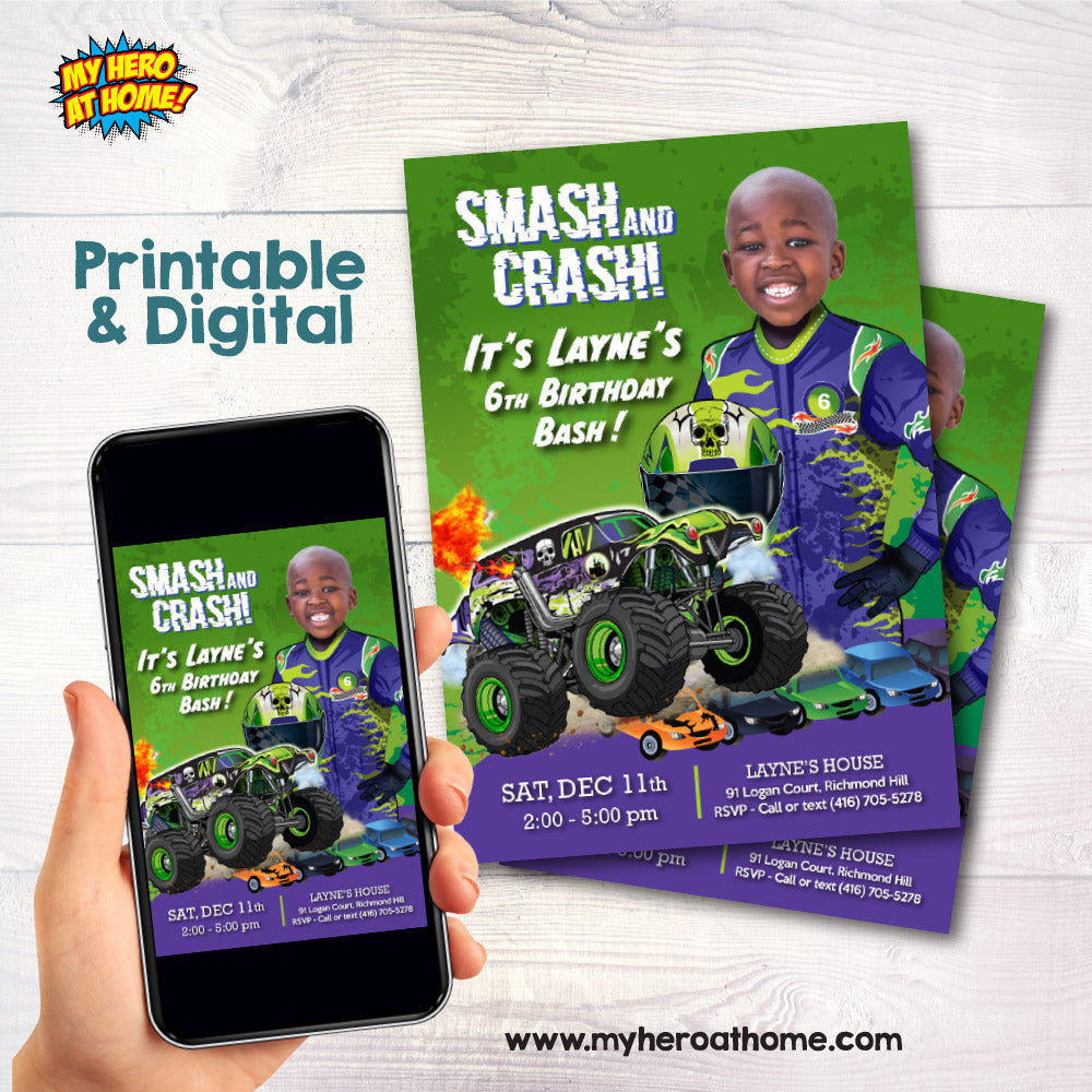 Monster Truck Gravedigger party Invitation with your kid as the driver, Monster Jam birthday invitation, Monster Jam theme party. 2391IN