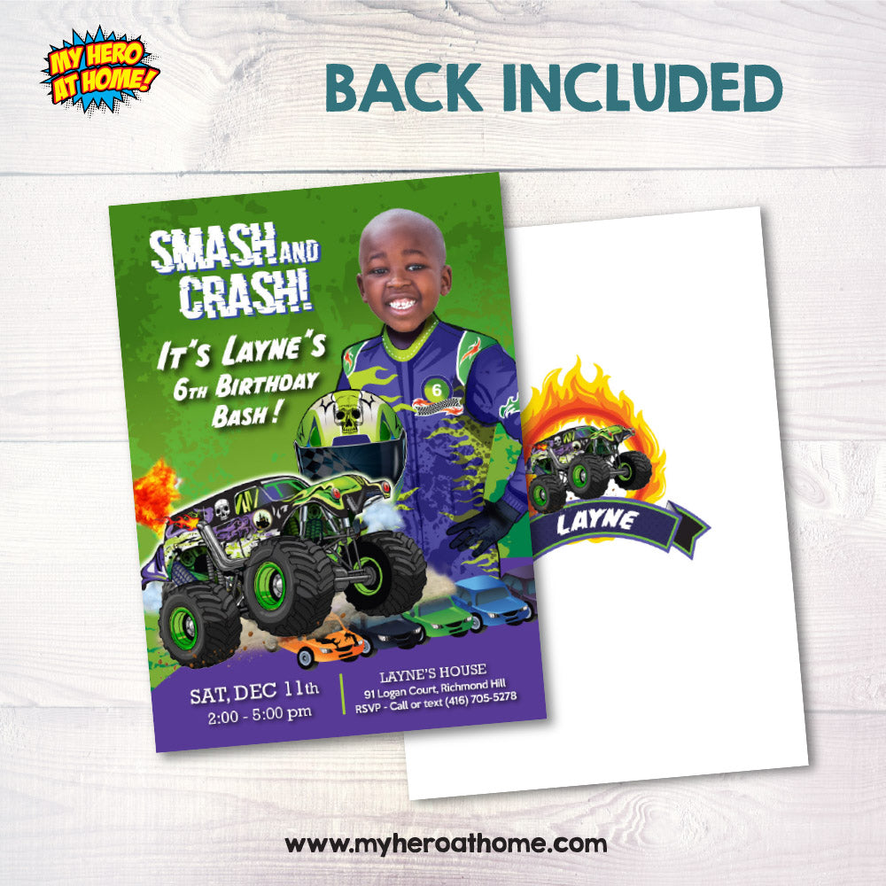 Monster Truck Gravedigger party Invitation with your kid as the driver, Monster Jam birthday invitation, Monster Jam theme party. 2391IN