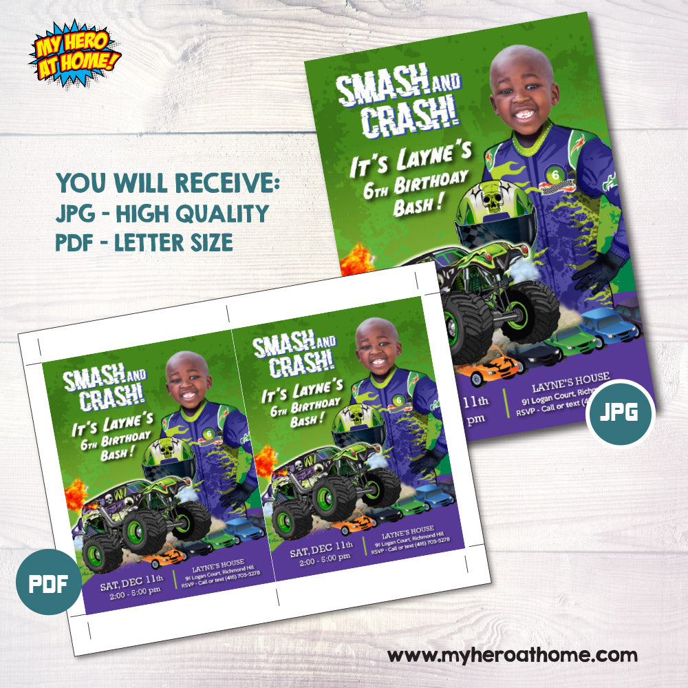 Monster Truck Gravedigger party Invitation with your kid as the driver, Monster Jam birthday invitation, Monster Jam theme party. 2391IN