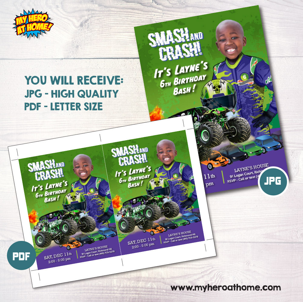 Monster Truck Gravedigger party Invitation with your kid as the driver, Monster Jam birthday invitation, Monster Jam theme party. 2391IN