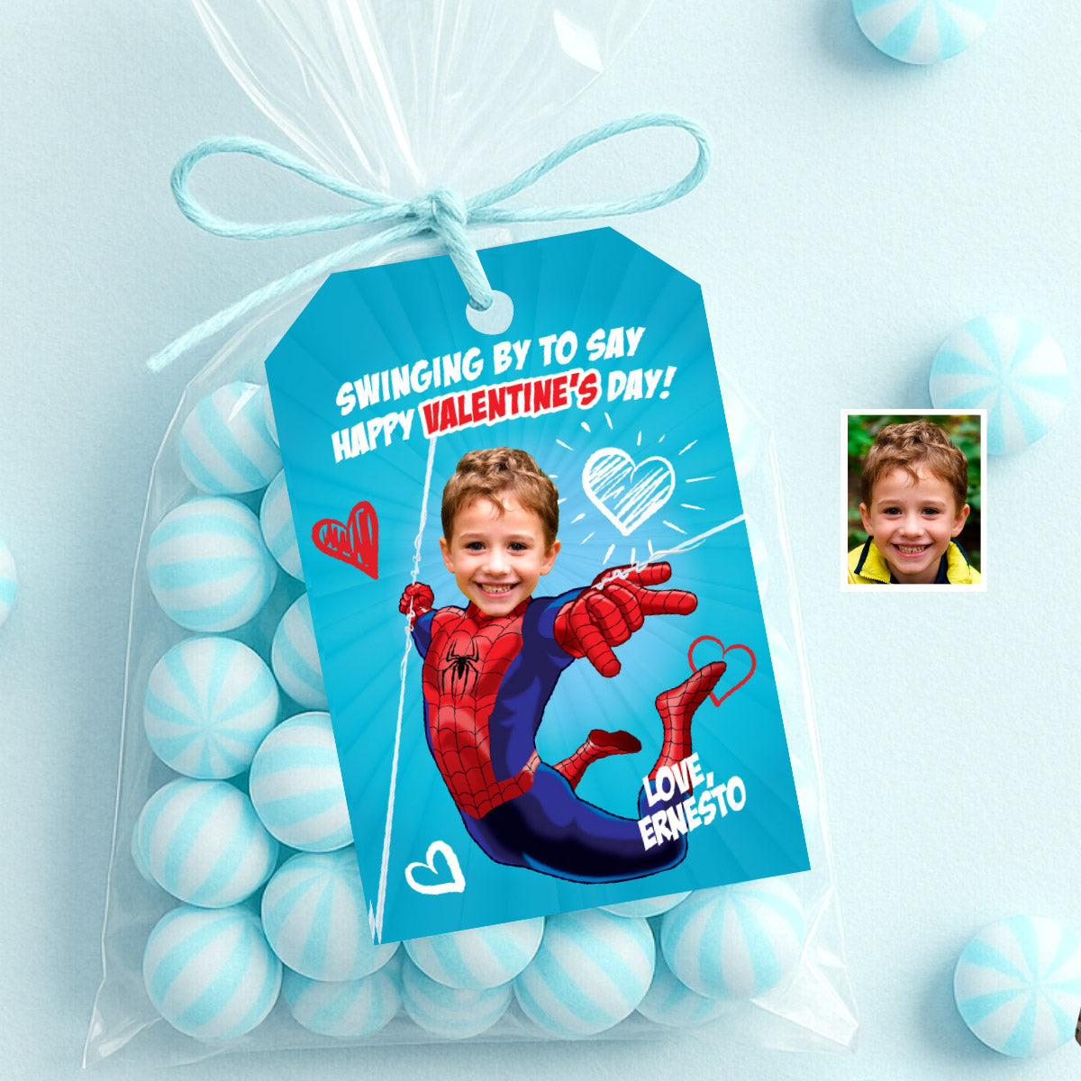 Custom Spiderman Valentines tags with child as the star, Valentine Spider-verse cards. 2393