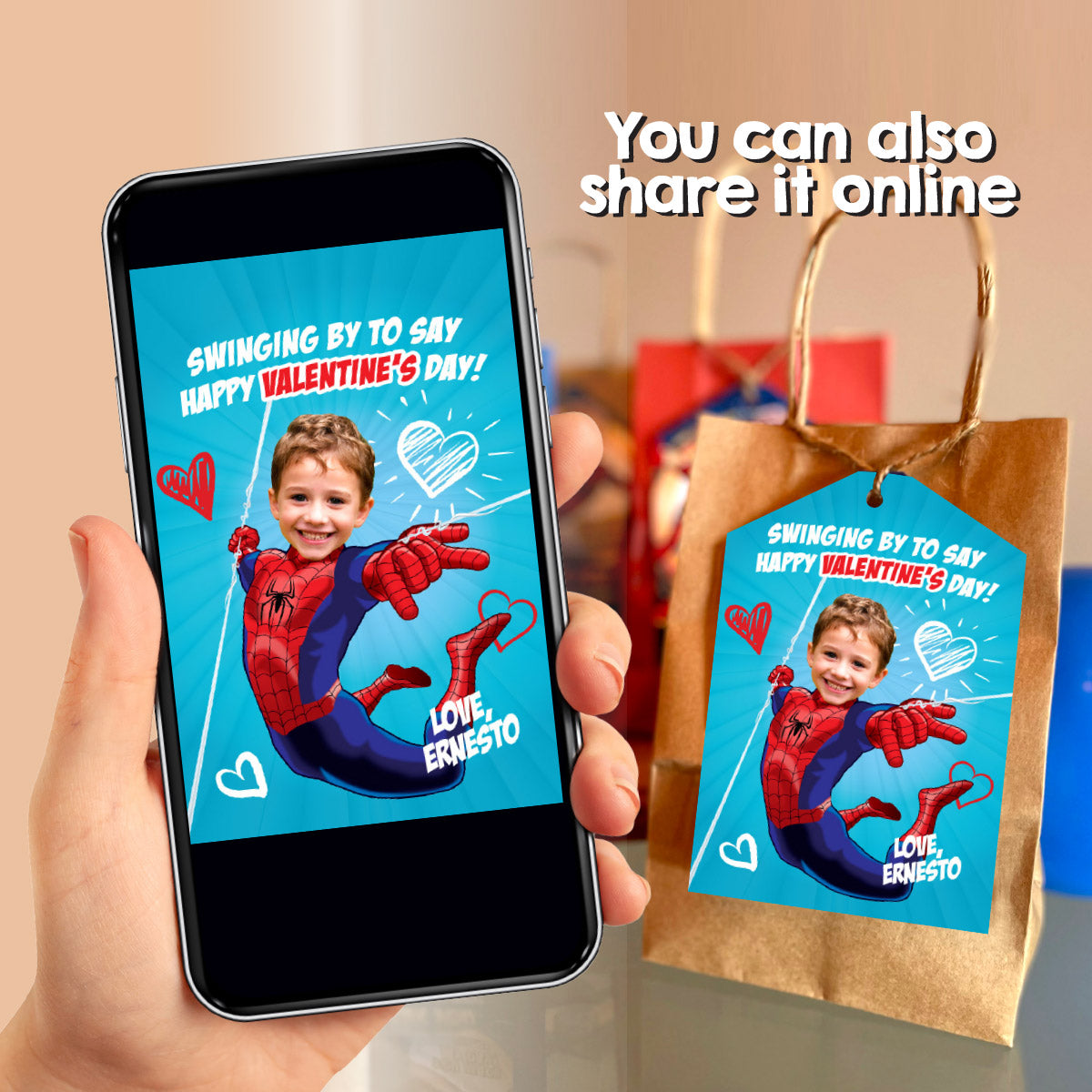 Custom Spiderman Valentines tags with child as the star, Valentine Spider-verse cards. 2393