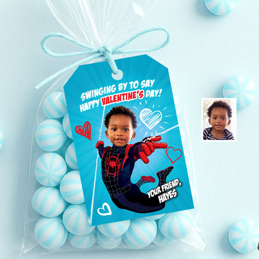 Custom Miles Morales Valentines tags with child as the star, Spiderverse Valentine’s day cards. 2394