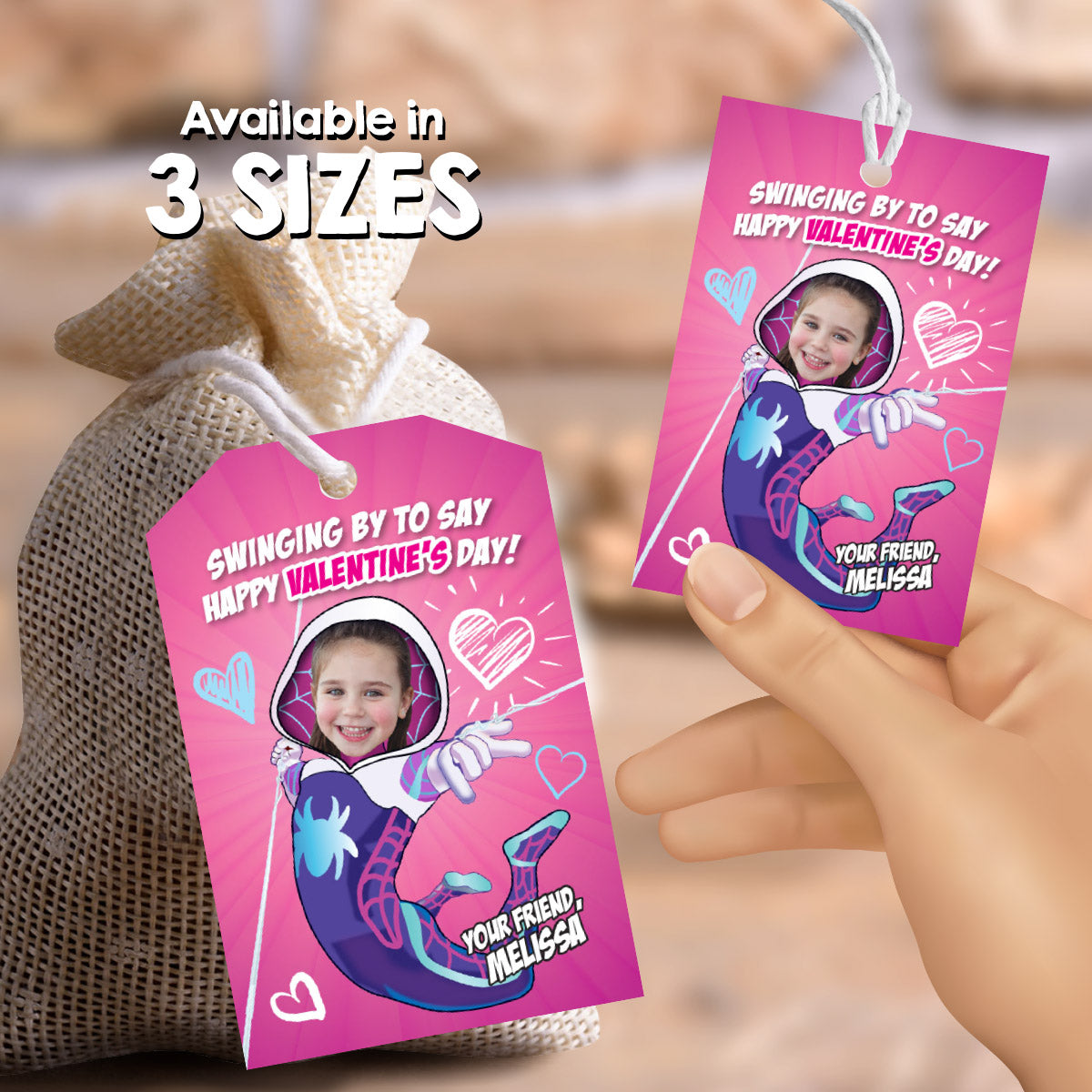 Custom Gwen Stacy Valentines tags with child as the star, Valentine Ghost Spidey cards. 2395