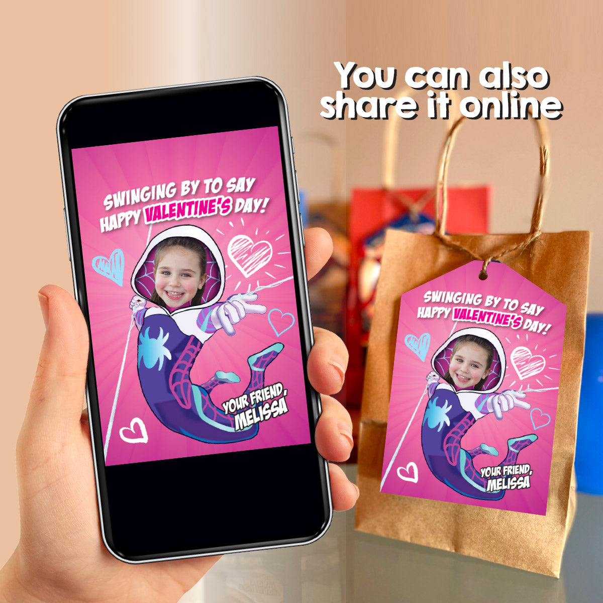 Custom Gwen Stacy Valentines tags with child as the star, Valentine Ghost Spidey cards. 2395