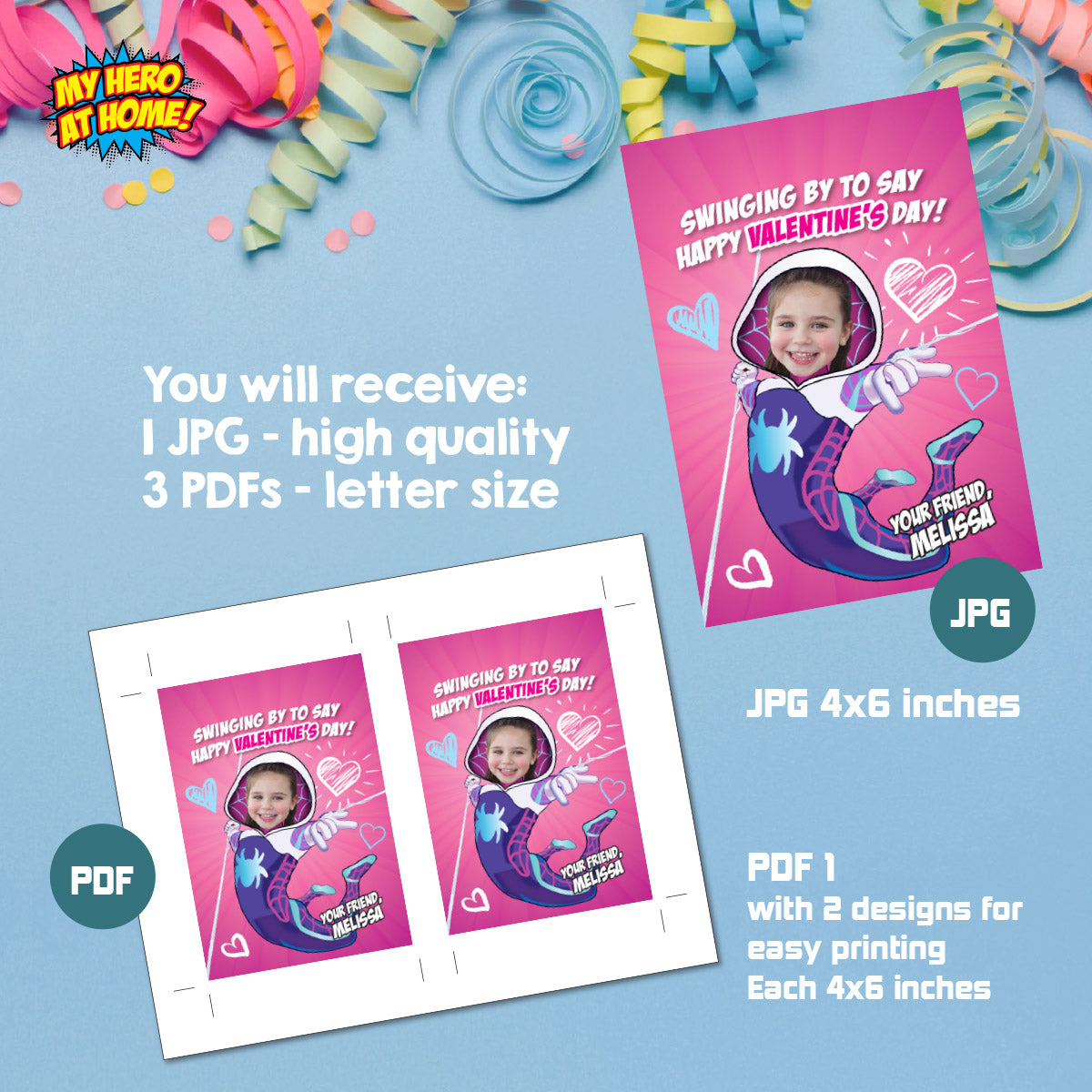 Custom Gwen Stacy Valentines tags with child as the star, Valentine Ghost Spidey cards. 2395