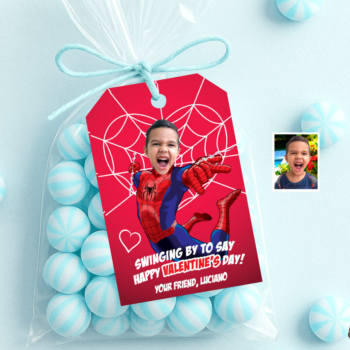 Personalized Spiderman Valentines tags with child as the star, Spiderverse Valentine cards. 2396