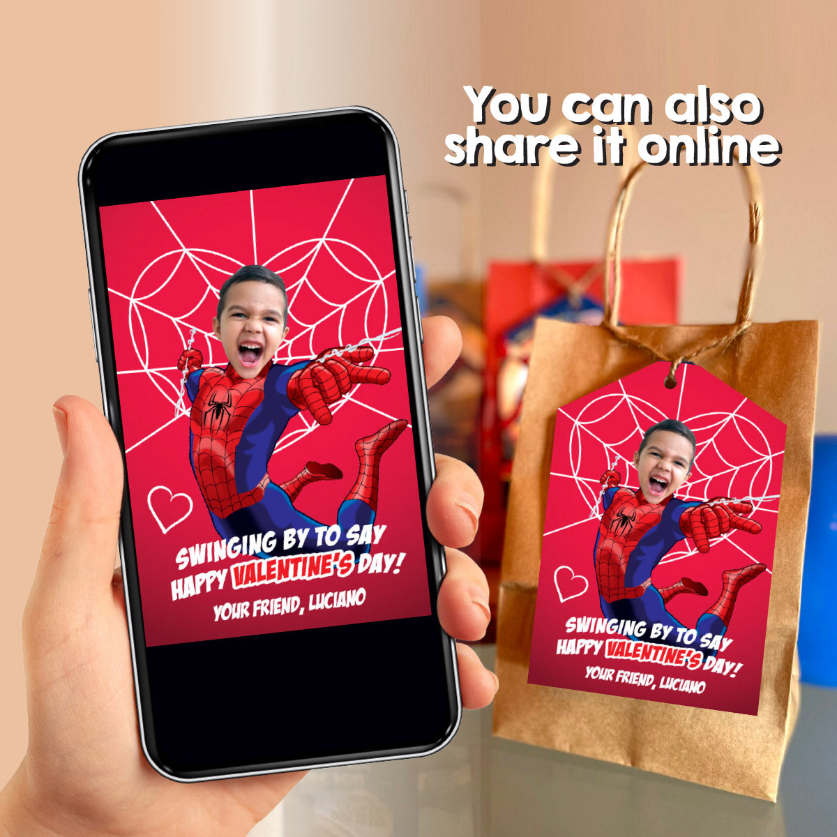 Personalized Spiderman Valentines tags with child as the star, Spiderverse Valentine cards. 2396