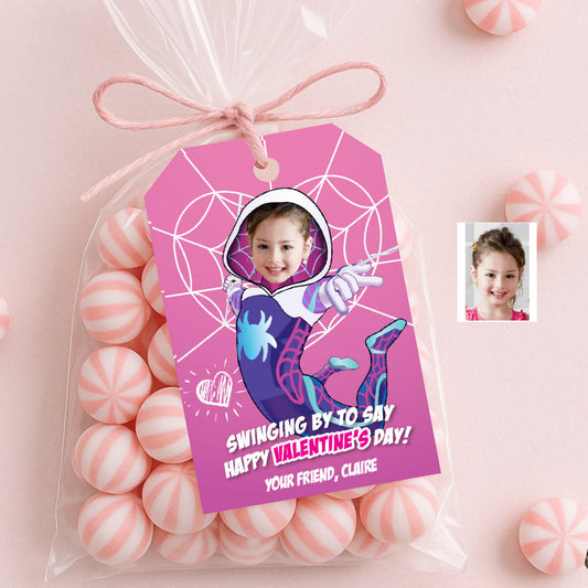 Custom Ghost Spider Valentines tags with little girl as Gwen Stacy, Ghost Spidey Valentine cards. 2398
