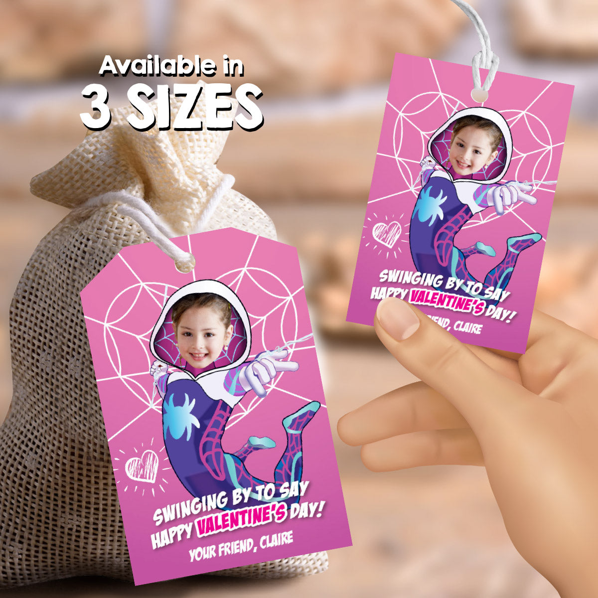 Custom Ghost Spider Valentines tags with little girl as Gwen Stacy, Ghost Spidey Valentine cards. 2398