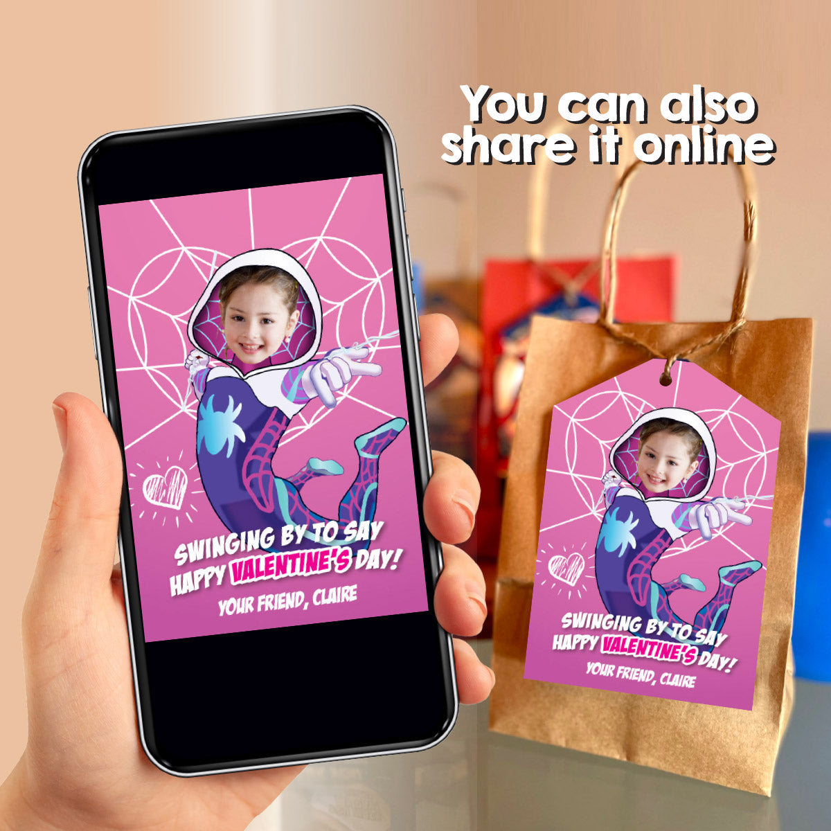 Custom Ghost Spider Valentines tags with little girl as Gwen Stacy, Ghost Spidey Valentine cards. 2398