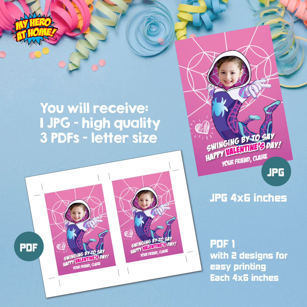 Custom Ghost Spider Valentines tags with little girl as Gwen Stacy, Ghost Spidey Valentine cards. 2398