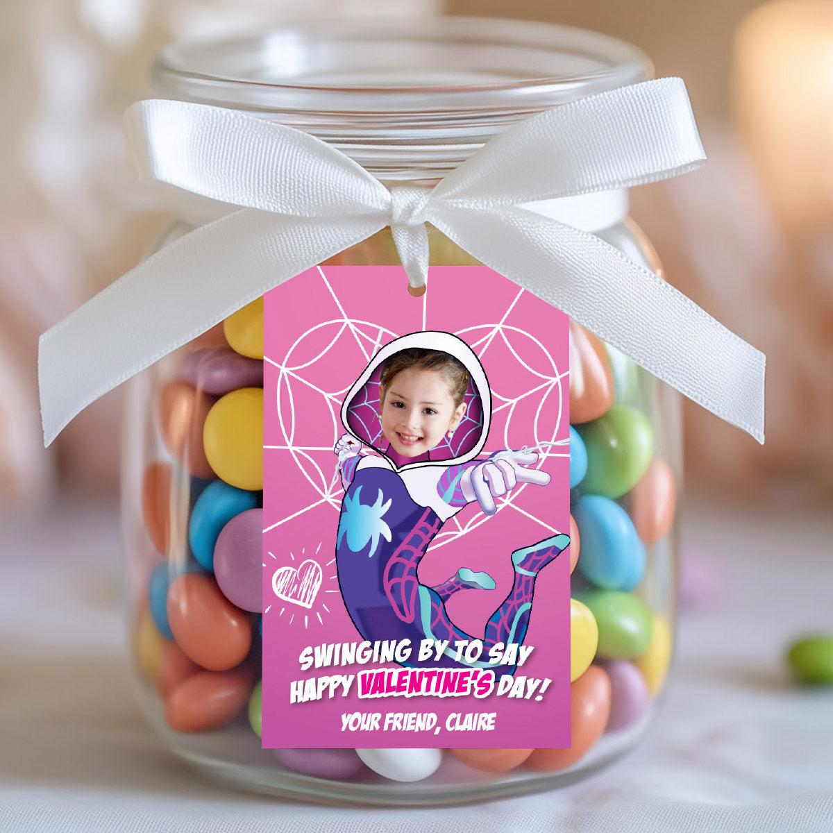 Custom Ghost Spider Valentines tags with little girl as Gwen Stacy, Ghost Spidey Valentine cards. 2398