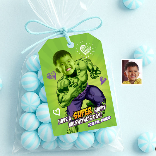 Personalized Hulk Valentines tags with child as the star, Valentine Hulk themed cards. 2399