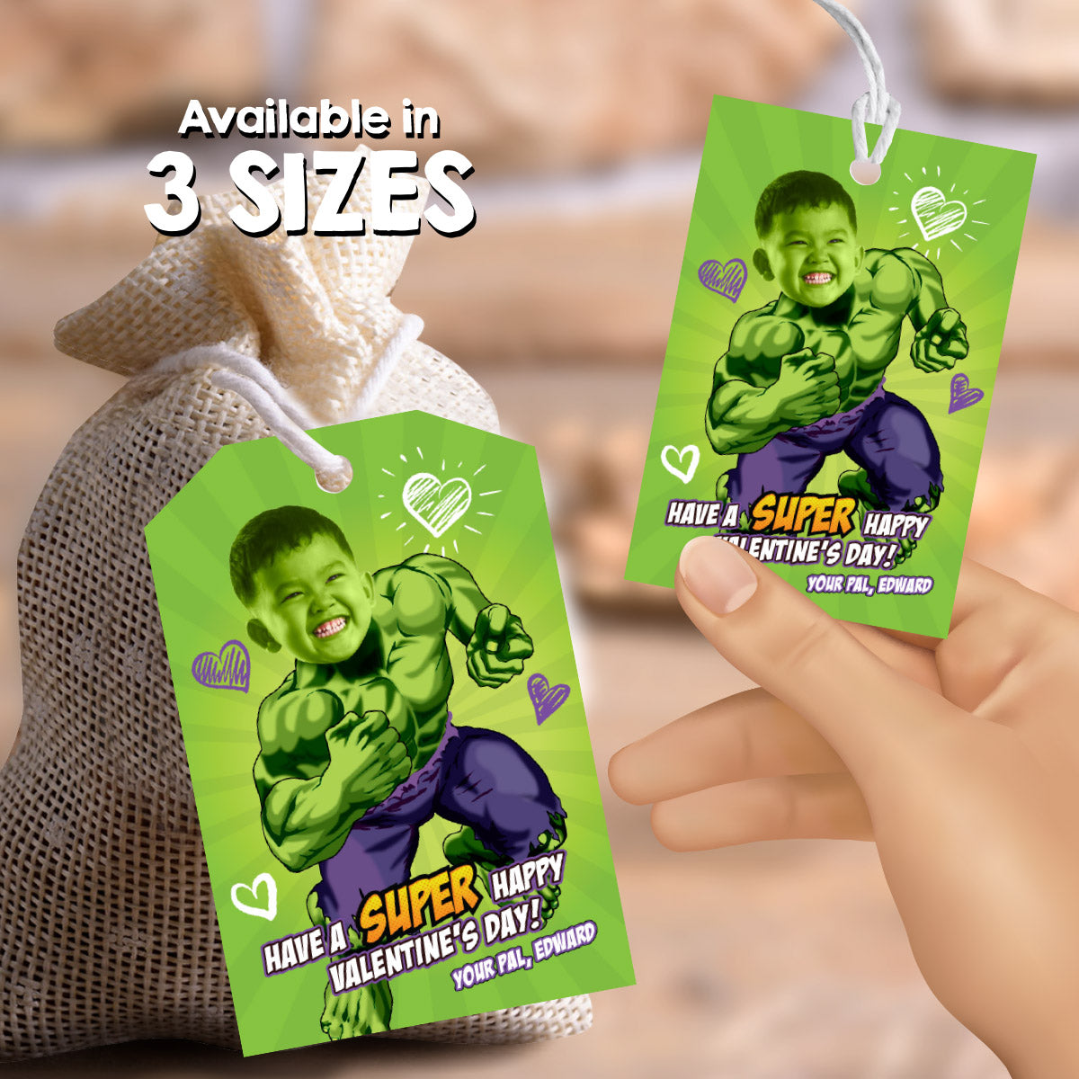 Personalized Hulk Valentines tags with child as the star, Valentine Hulk themed cards. 2399