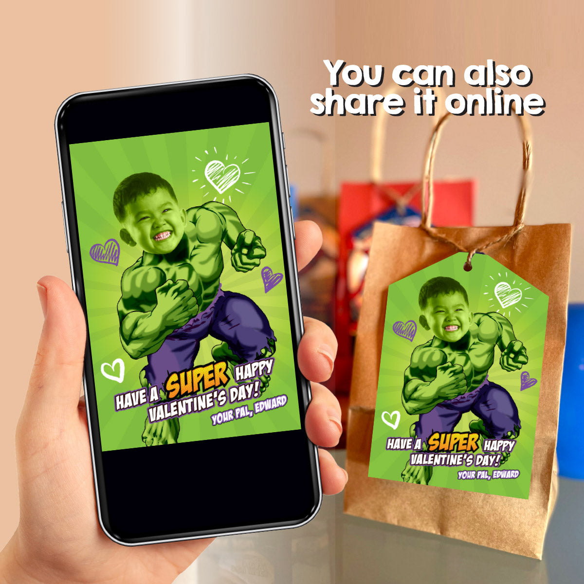 Personalized Hulk Valentines tags with child as the star, Valentine Hulk themed cards. 2399